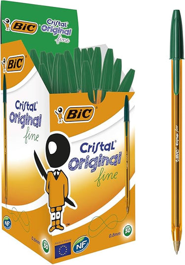 BIC Cristal Original Stylos-Bille Pointe Fine (0,8 mm) - Écriture Fine et Précise - Vert, Boîte de 50